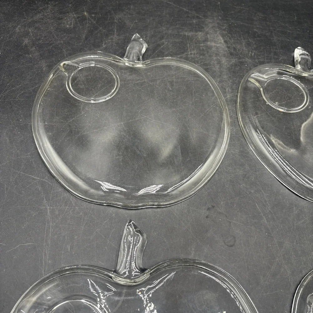 Vtg Hazel Atlas Clear Glass Apple Shaped Snack Plates Set of 4 Luncheon Trays